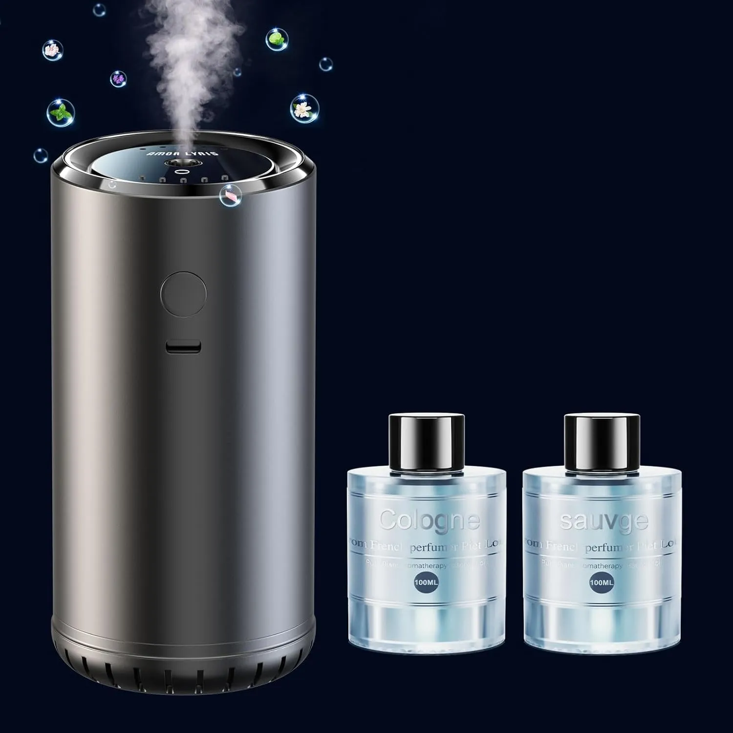 1pc Cologne Smart Car Air Freshener with Cologne Essential Oils Set and 1pc 3.5OZ Sauvage Car Air Fresheners Refill, Ultrasonic Mist, 5 Adjustable Spray for 30 Seconds, Auto On/Off, Powerful Battery