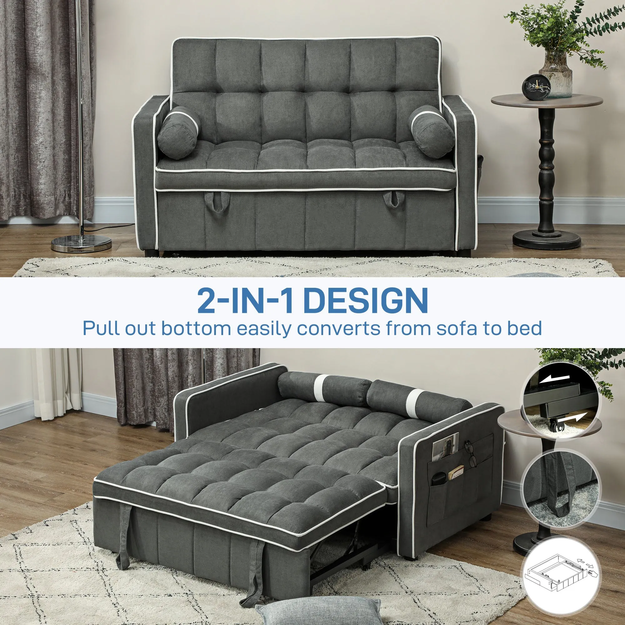2 Seater Pull Out Sofa Bed with Adjustable Backrest, Charcoal Grey