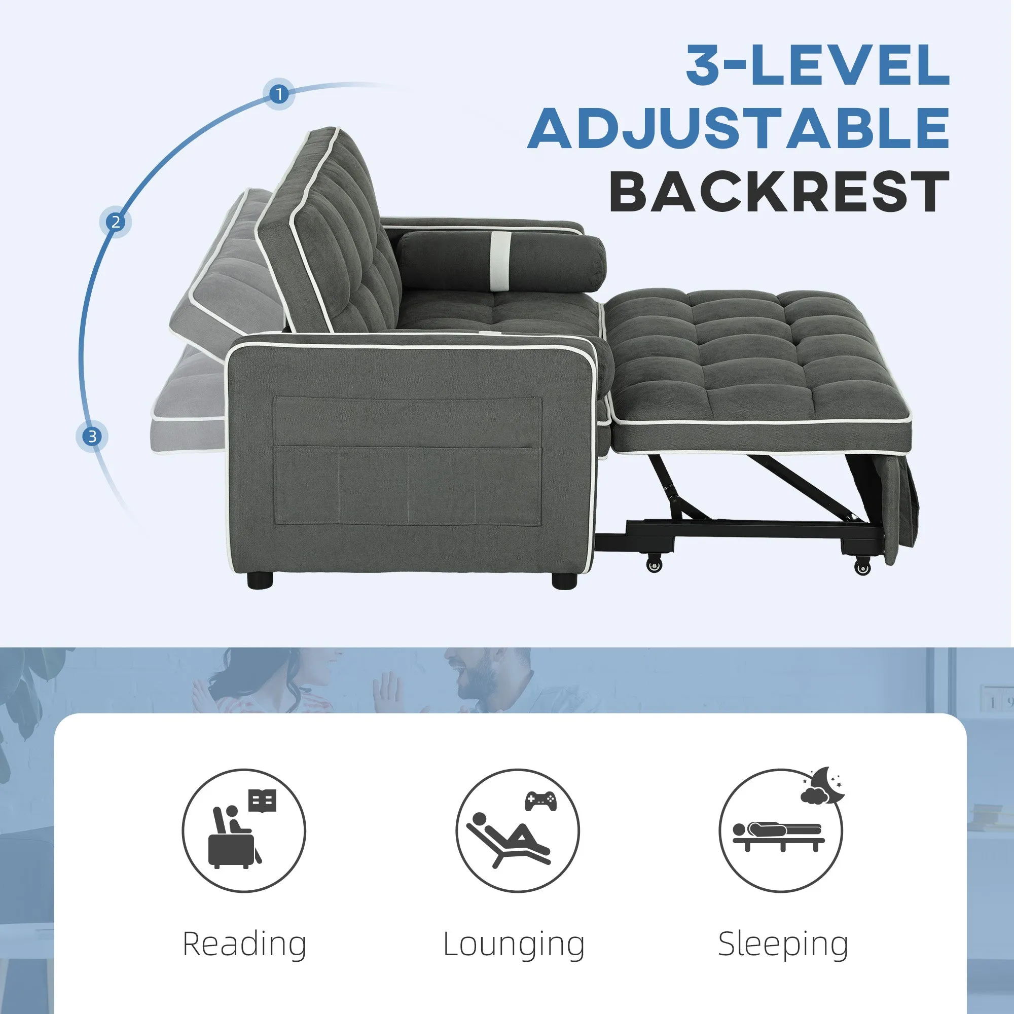 2 Seater Pull Out Sofa Bed with Adjustable Backrest, Charcoal Grey