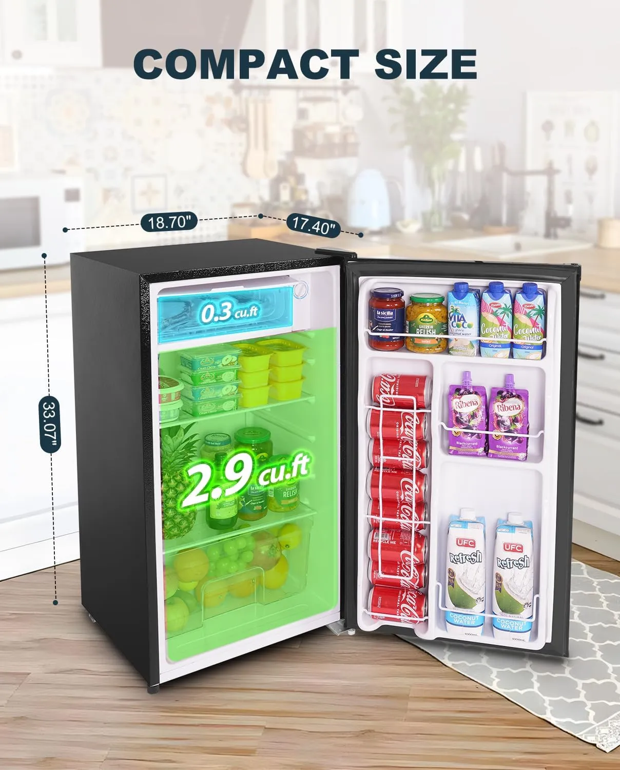3.2 Cu. Ft. Mini Fridge with Freezer, Adjustable Thermostat, Ideal for Bedroom, Office, Dorm