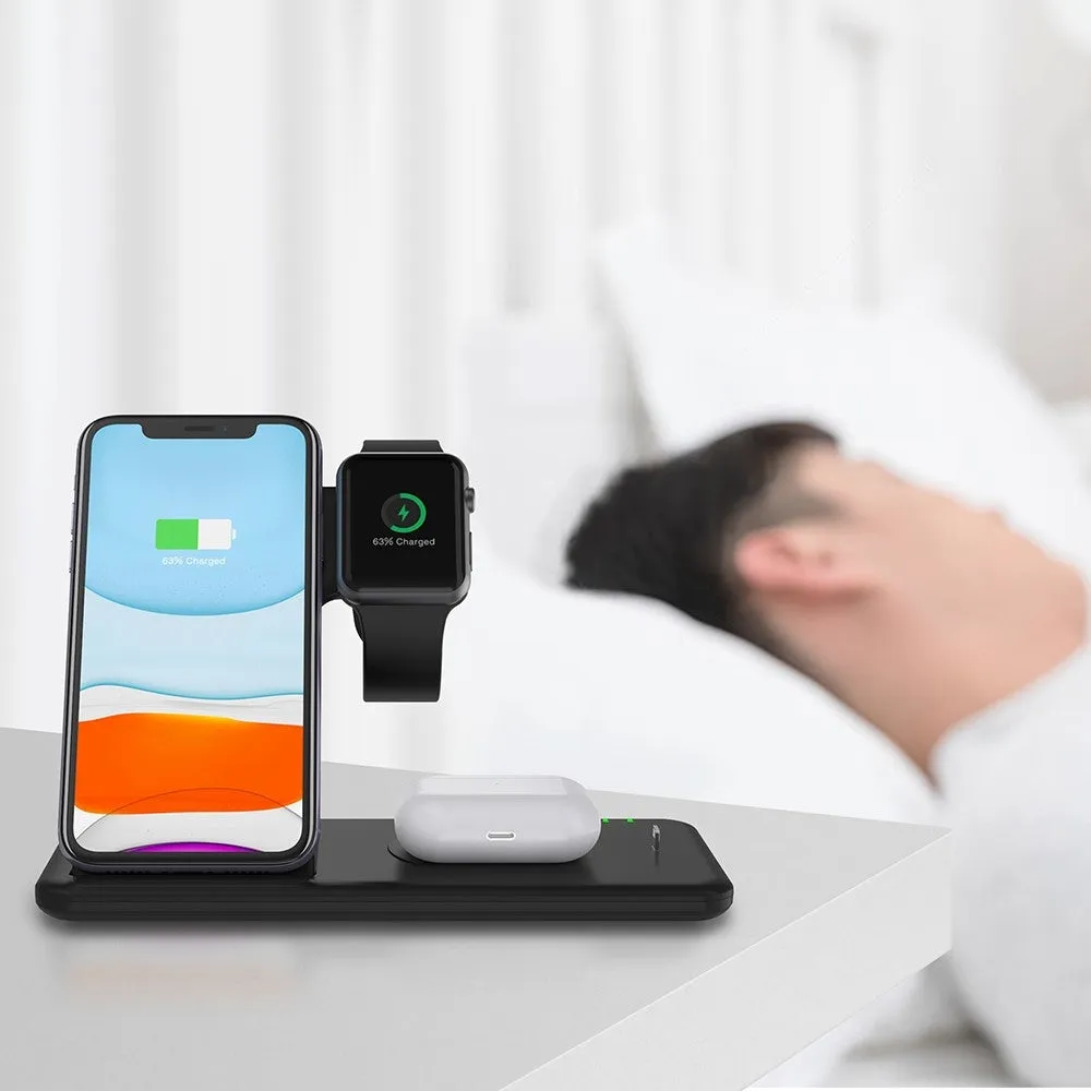 4in1 Apple Watch / Smartphone / AirPods 15W Qi Fast Charging Charger Stand Docking Station Foldable - Black