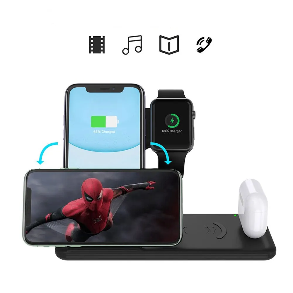 4in1 Apple Watch / Smartphone / AirPods 15W Qi Fast Charging Charger Stand Docking Station Foldable - Black
