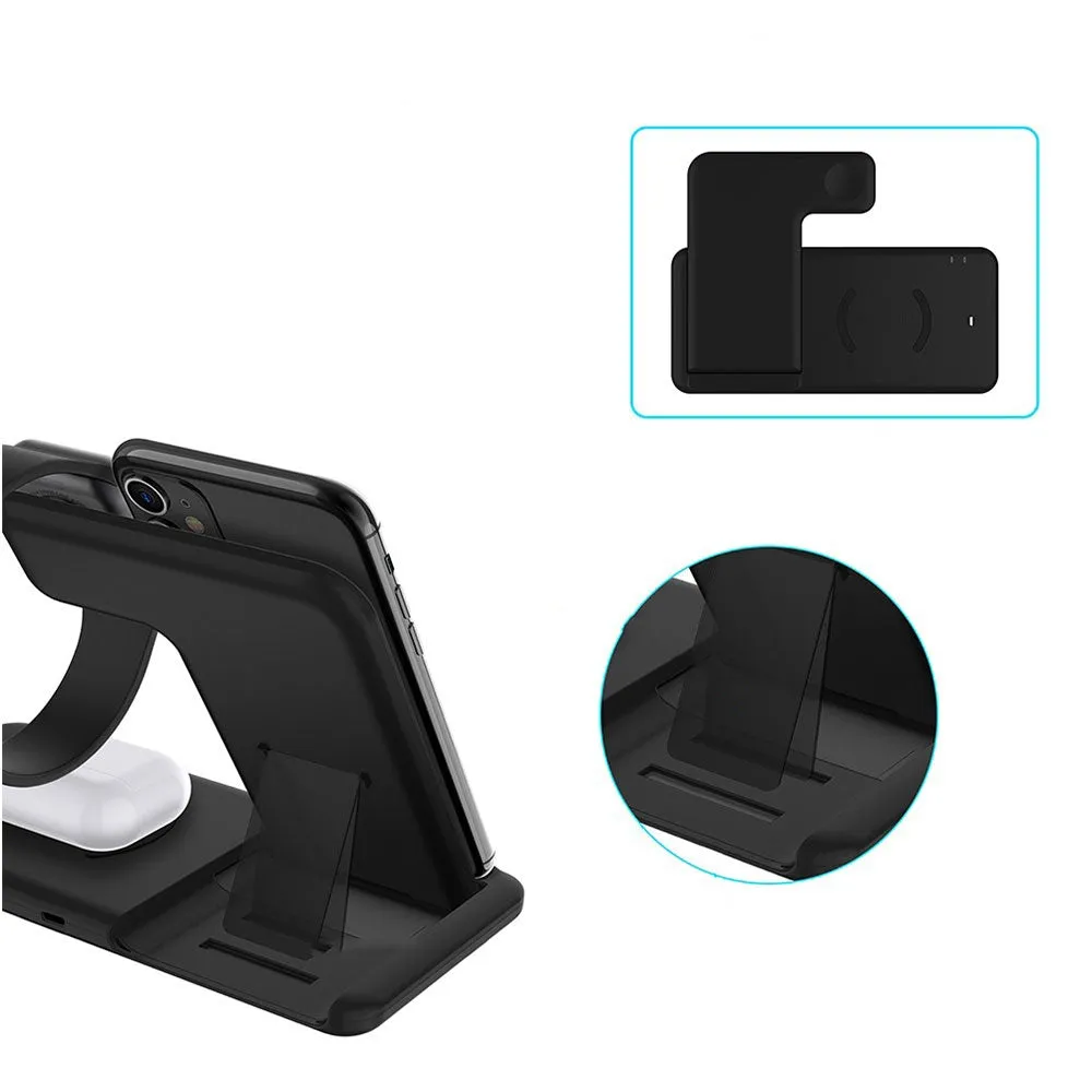 4in1 Apple Watch / Smartphone / AirPods 15W Qi Fast Charging Charger Stand Docking Station Foldable - Black