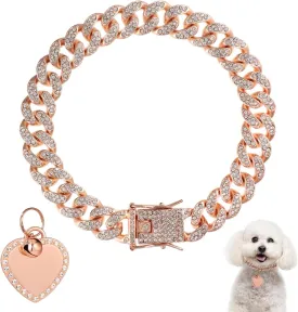 9.84 Inch Dog Chain Collar, Rose Gold Diamond Collar Necklace with Heart Shape Dog Tag Rhinestones Heart Bling Dog Collar Pet ID Tag Chain for Small Medium Large Dogs Cats