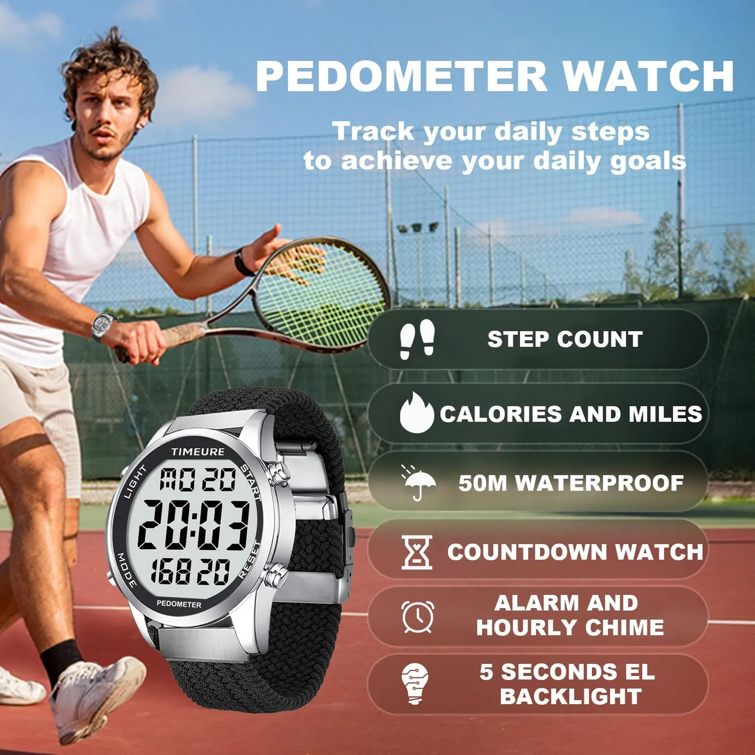 Accurate Pedometer Watch for Men Walking Simple Step Counter Watches Steps Tracker Large Digital Display Waterproof Non Bluetooth TIMEURE-2306 Green