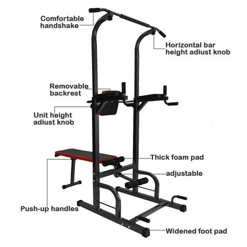 Adjustable All-In-One Pull-Up Bar Tower Dip Station With Foldable Bench Bar E8-6-2