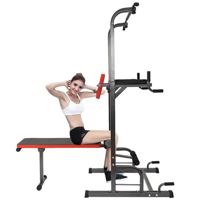 Adjustable All-In-One Pull-Up Bar Tower Dip Station With Foldable Bench Bar E8-6-2