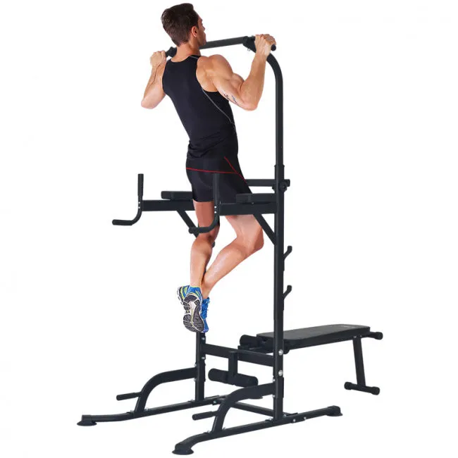 Adjustable All-In-One Pull-Up Bar Tower Dip Station With Foldable Bench Bar E8-6-2