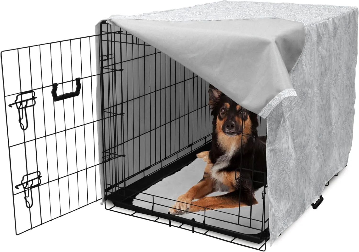 Ambesonne Grey and White Dog Crate Cover, Doodle Style Botanical Leaves Pattern Shabby Ornamental, Easy to Use Pet Kennel Cover for Medium Large Dogs, 36 Inch, Pale Blue Grey and White