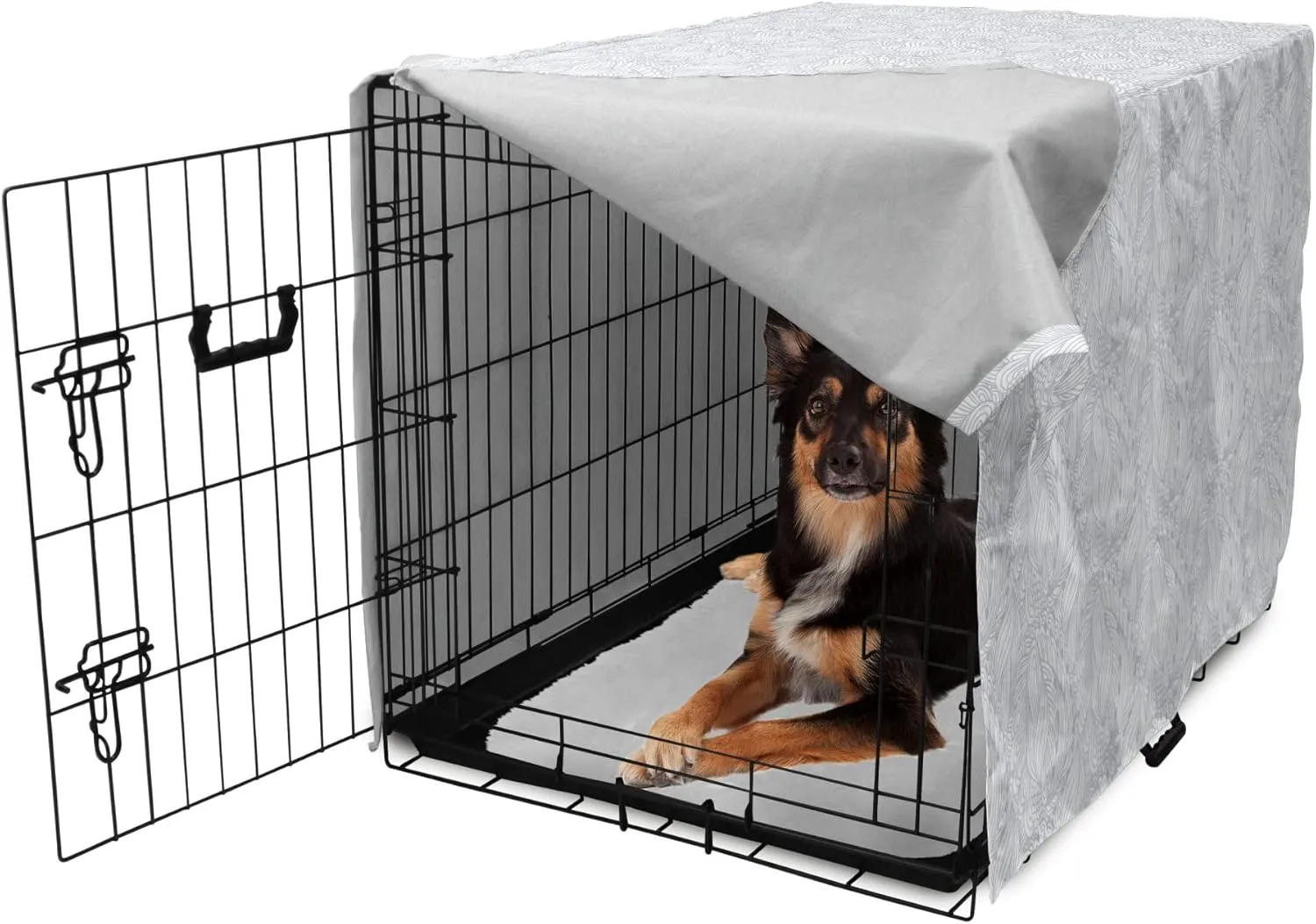 Ambesonne Grey and White Dog Crate Cover, Doodle Style Botanical Leaves Pattern Shabby Ornamental, Easy to Use Pet Kennel Cover for Medium Large Dogs, 36 Inch, Pale Blue Grey and White