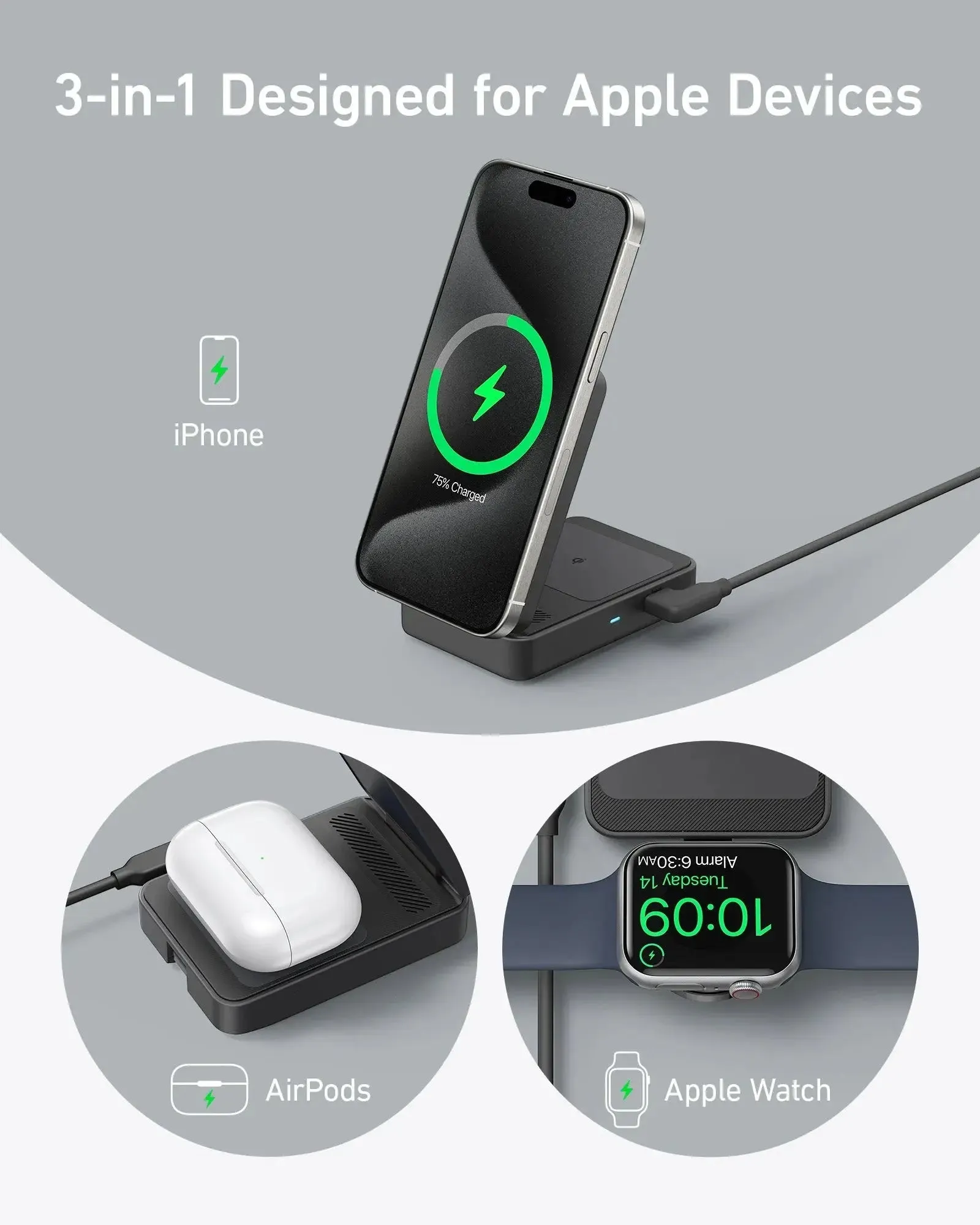 Anker MagGo 15W 3-in-1 Charging Station Qi2 Certified Wireless Charger B2557
