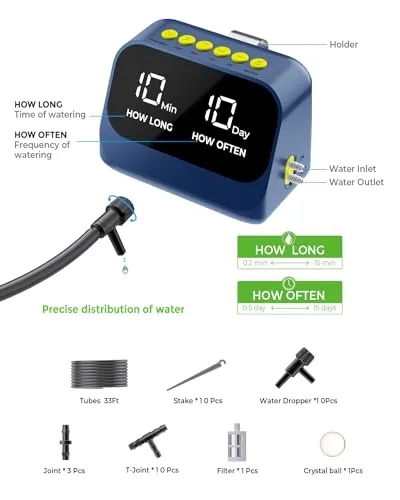 Automatic Watering System for Potted Plants, DIY Drip Irrigation Kit with Smart Timer, Waterproof LED Display & Large Capacity Battery, Precise Distribution of Water