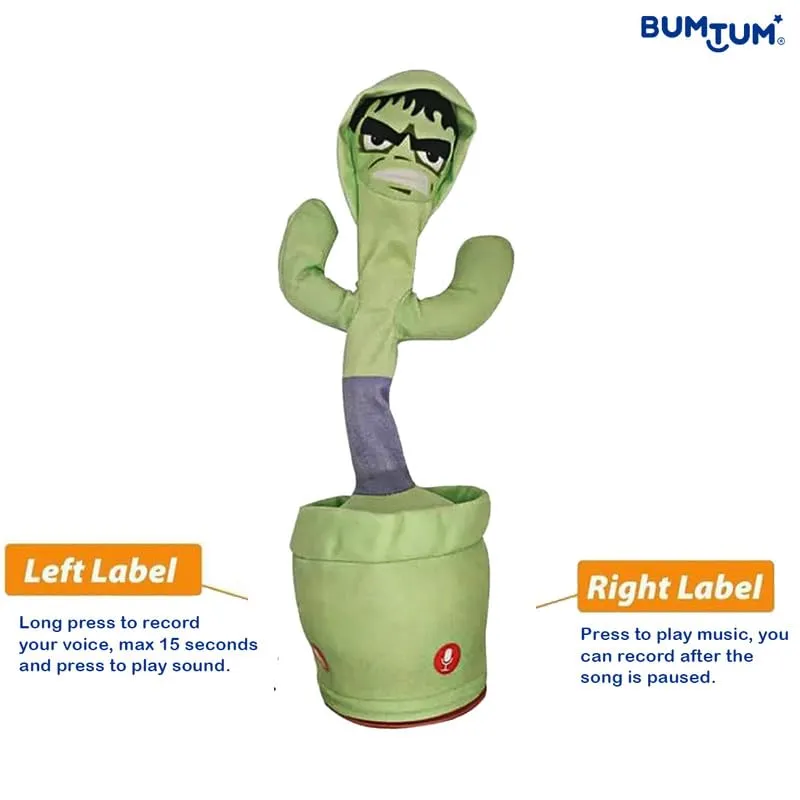 Bumtum Dancing Singing Hulk Theme Character Toy, Wriggle & Singing for Babies & Kids, Plush Musical Electronic Toys, Voice Recording Repeats(Bright Green), 1 Count