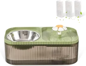 Cat Water Fountain and Food Bowl, 3L/101oz Ultra Quiet Pet Water Dispenser with Smart Pump and 3 Replacement Filters, Automatic Flower Fountain & Stainless Steel Bowl (Black & Green)