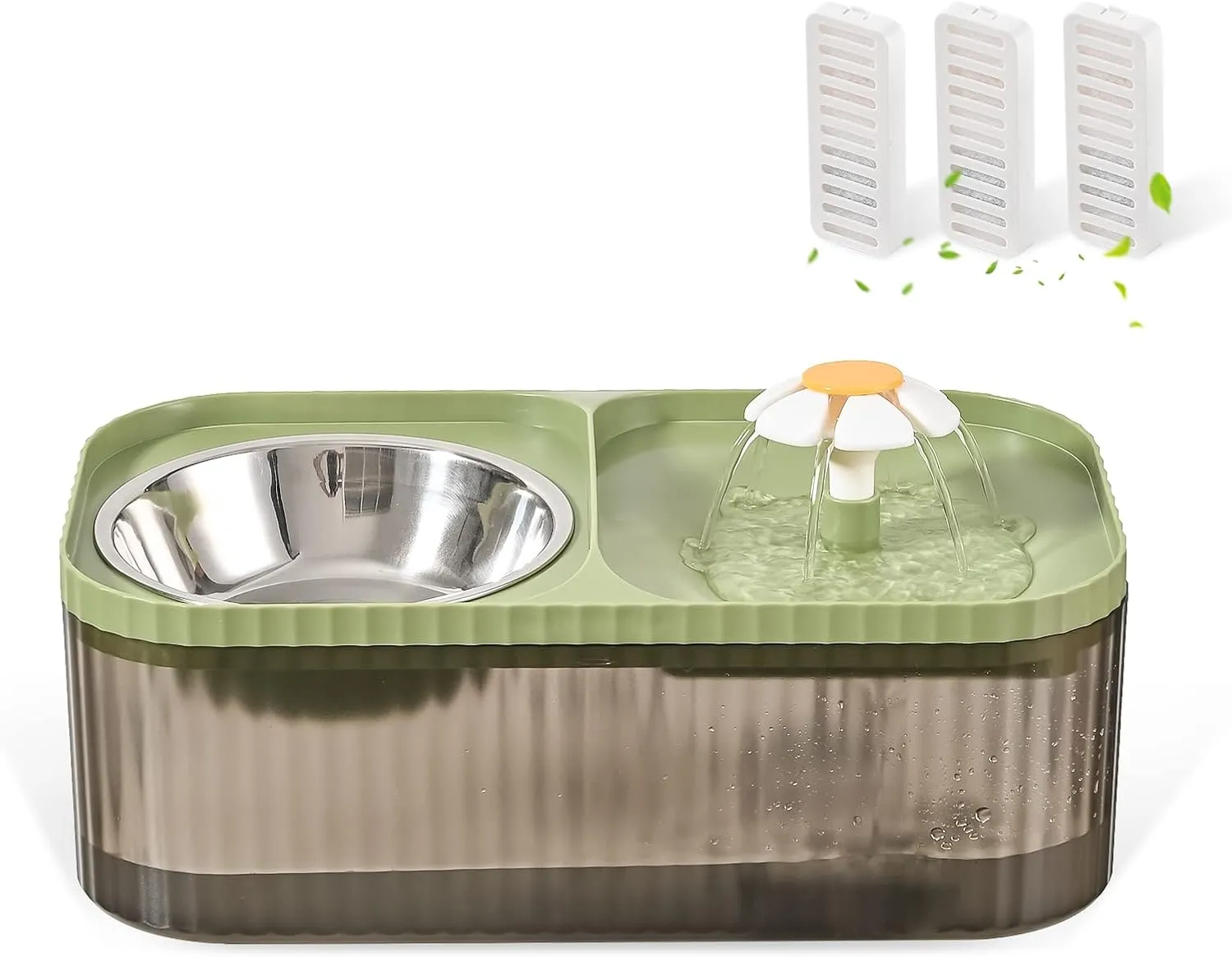 Cat Water Fountain and Food Bowl, 3L/101oz Ultra Quiet Pet Water Dispenser with Smart Pump and 3 Replacement Filters, Automatic Flower Fountain & Stainless Steel Bowl (Black & Green)