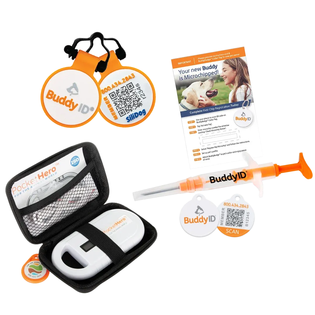 Complete Bundle: Microchip Complete Protection System with Pocket Hero Reader and Silent Collar Tag by BuddyID