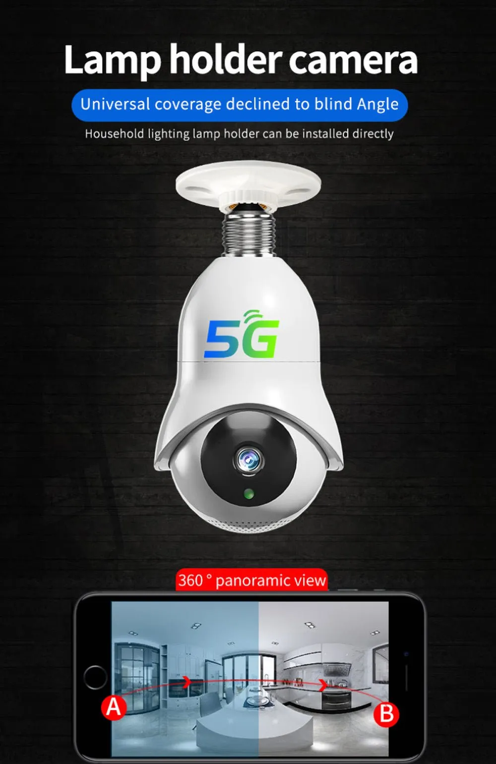 CRONY TC76 5G Wifi Dual-band light bulb HD IP Camera Wifi Bulb Camera 360 Panoramic Camera Surveillance Camera