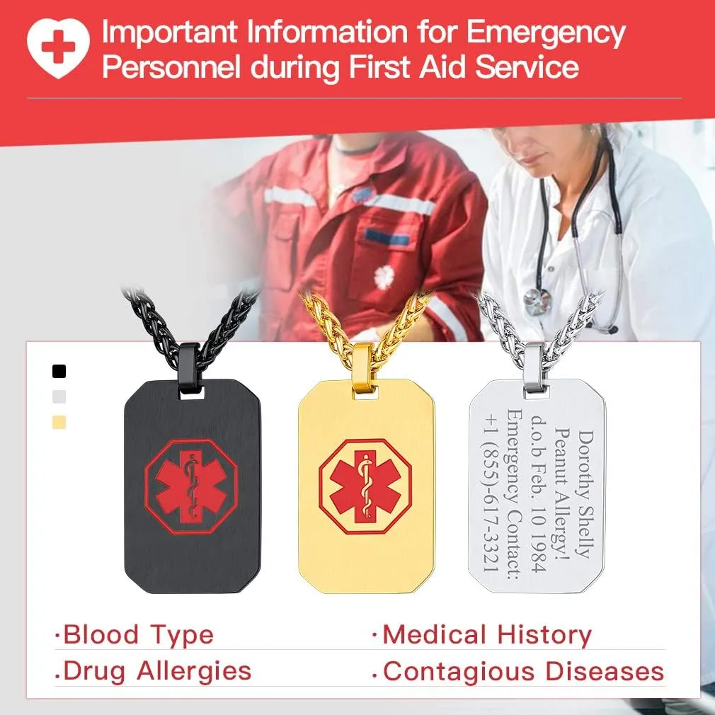 Custom4U Personalized Medical Alert Necklace for Men/Women Custom Made Engraved Emergency Med ID Dog Tag/Heart/Round Pendant Gold/Black/Stainless Steel with Chain 24 Inches