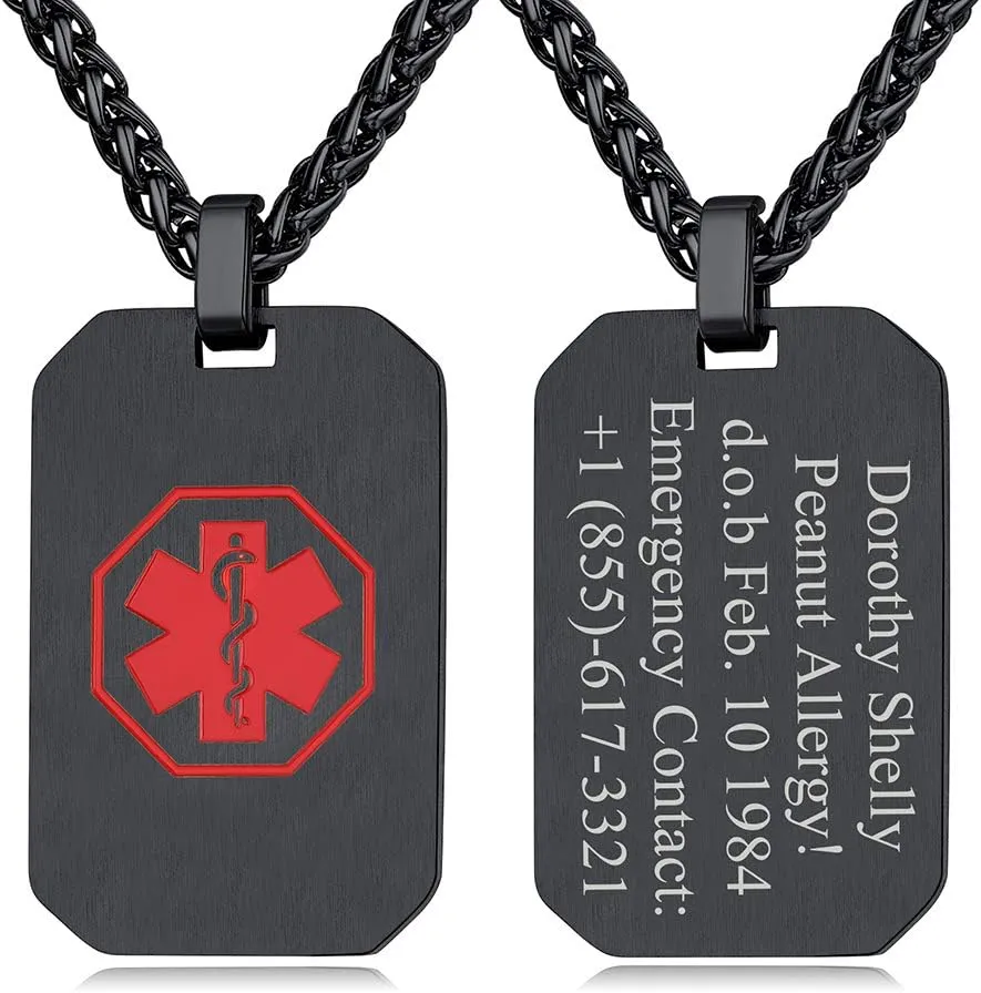 Custom4U Personalized Medical Alert Necklace for Men/Women Custom Made Engraved Emergency Med ID Dog Tag/Heart/Round Pendant Gold/Black/Stainless Steel with Chain 24 Inches