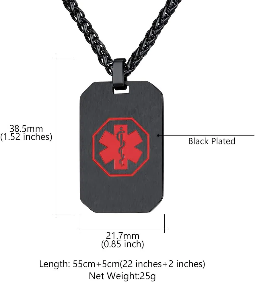 Custom4U Personalized Medical Alert Necklace for Men/Women Custom Made Engraved Emergency Med ID Dog Tag/Heart/Round Pendant Gold/Black/Stainless Steel with Chain 24 Inches