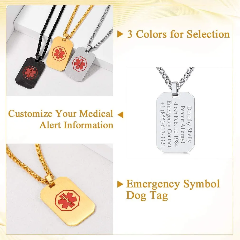 Custom4U Personalized Medical Alert Necklace for Men/Women Custom Made Engraved Emergency Med ID Dog Tag/Heart/Round Pendant Gold/Black/Stainless Steel with Chain 24 Inches