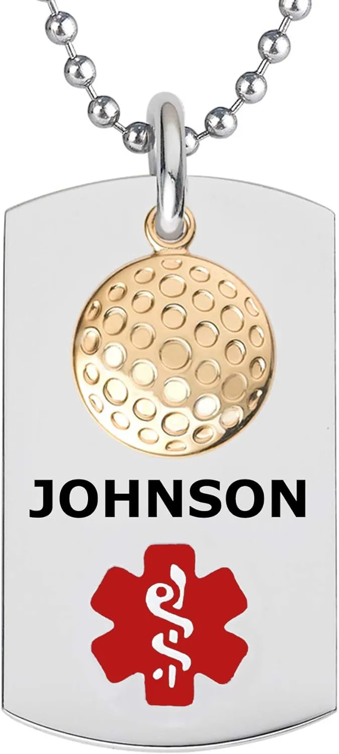 Divoti Deep Custom Laser Engraved PVD Ball Dangle Charm Medical Alert Necklace for Men/Women, Medical ID Necklace, Medical Dog Tag and (24/28 in) Chain w/Free Engraving