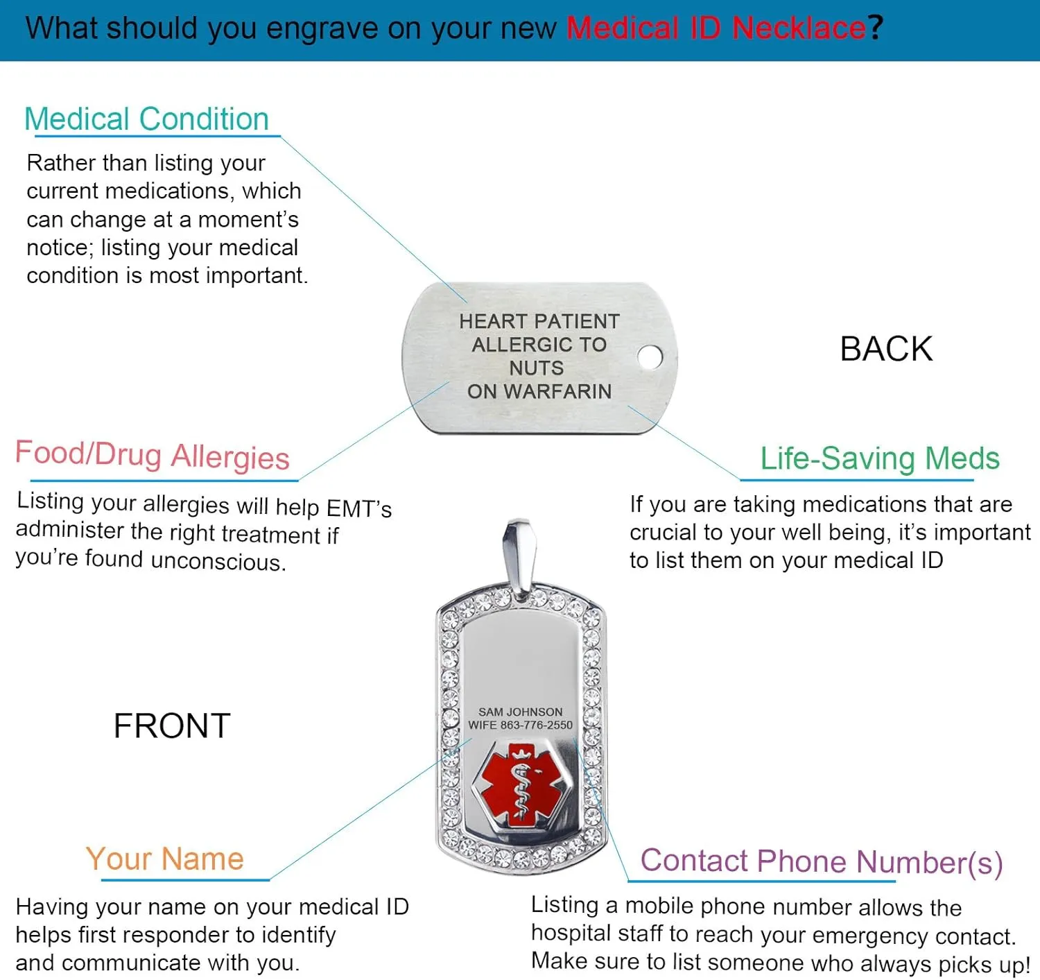 Divoti Deep Custom Laser Engraved PVD Ball Dangle Charm Medical Alert Necklace for Men/Women, Medical ID Necklace, Medical Dog Tag and (24/28 in) Chain w/Free Engraving