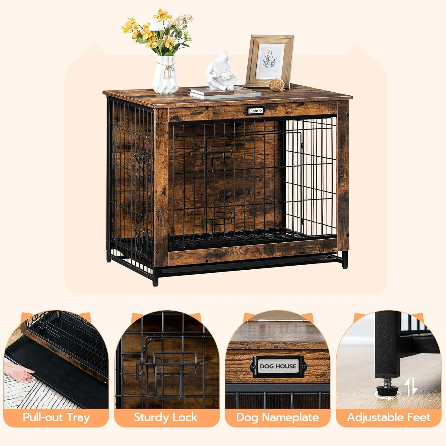 Dog Crate Furniture, 25.5" Small Dog Kennel Indoor, Wooden Cage with Pull-Out Tray, Double Doors Pet House Side End Table for Small/Medium Dogs, Rustic Brown BF642GW03G1