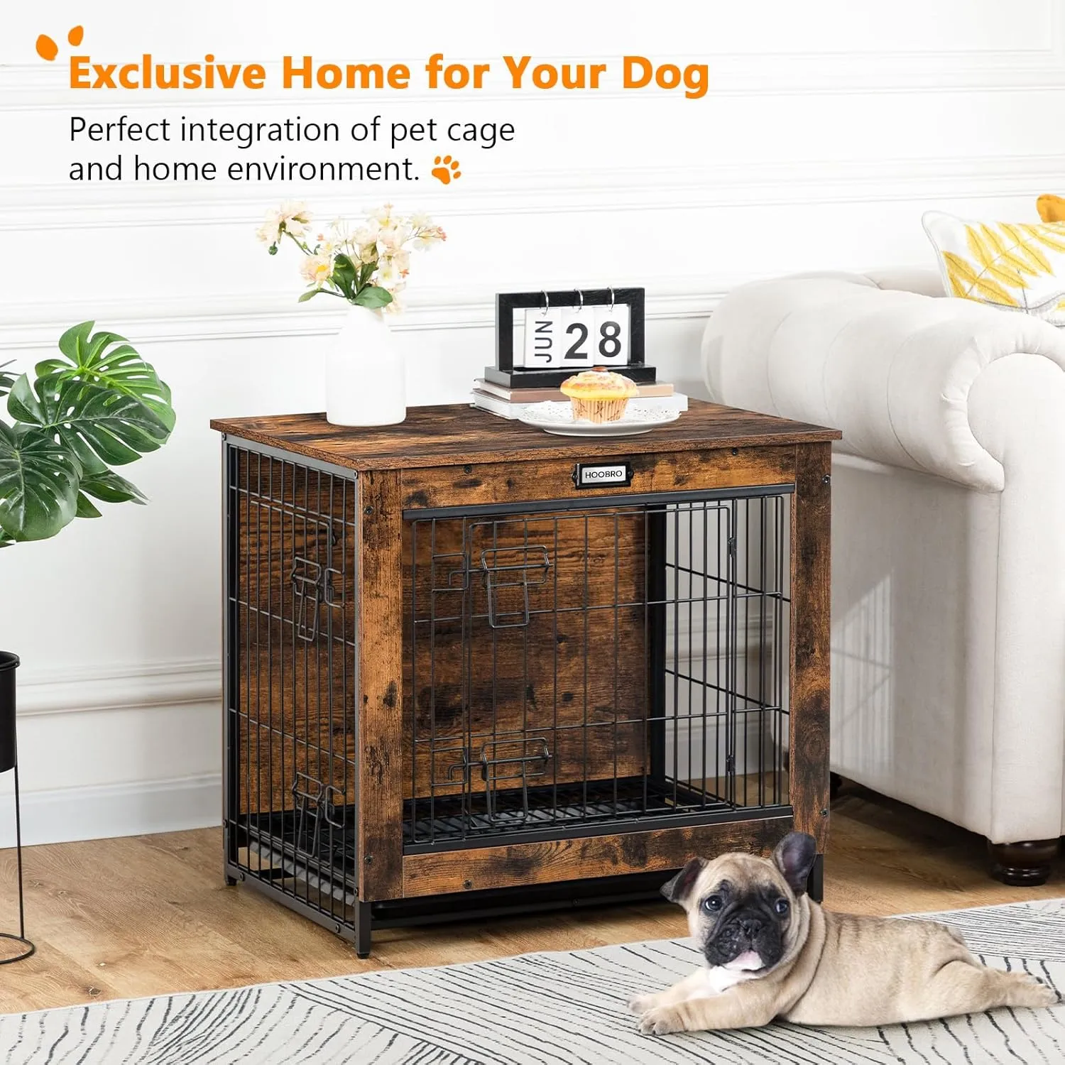 Dog Crate Furniture, 25.5" Small Dog Kennel Indoor, Wooden Cage with Pull-Out Tray, Double Doors Pet House Side End Table for Small/Medium Dogs, Rustic Brown BF642GW03G1