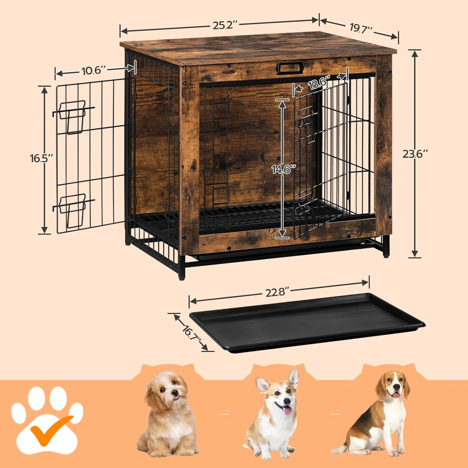 Dog Crate Furniture, 25.5" Small Dog Kennel Indoor, Wooden Cage with Pull-Out Tray, Double Doors Pet House Side End Table for Small/Medium Dogs, Rustic Brown BF642GW03G1