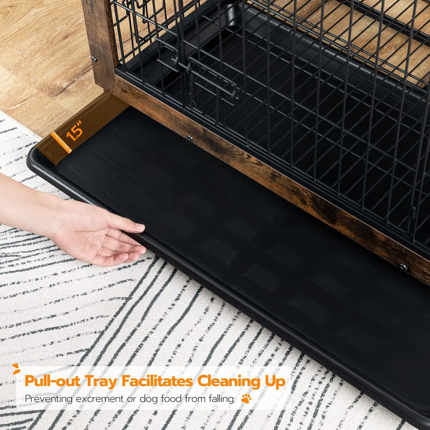 Dog Crate Furniture, 25.5" Small Dog Kennel Indoor, Wooden Cage with Pull-Out Tray, Double Doors Pet House Side End Table for Small/Medium Dogs, Rustic Brown BF642GW03G1