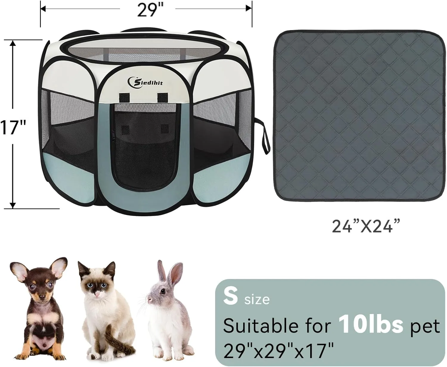 Dog Playpen with 2 Washable Pee Pad, Puppy Pet Cat Playpen Small AnimalsTent Crate Indoor/Outdoor, Portable Pop Up Kennel with Carrying Case(Grey with 2 Pads, Small (29" x 29" x 17"))