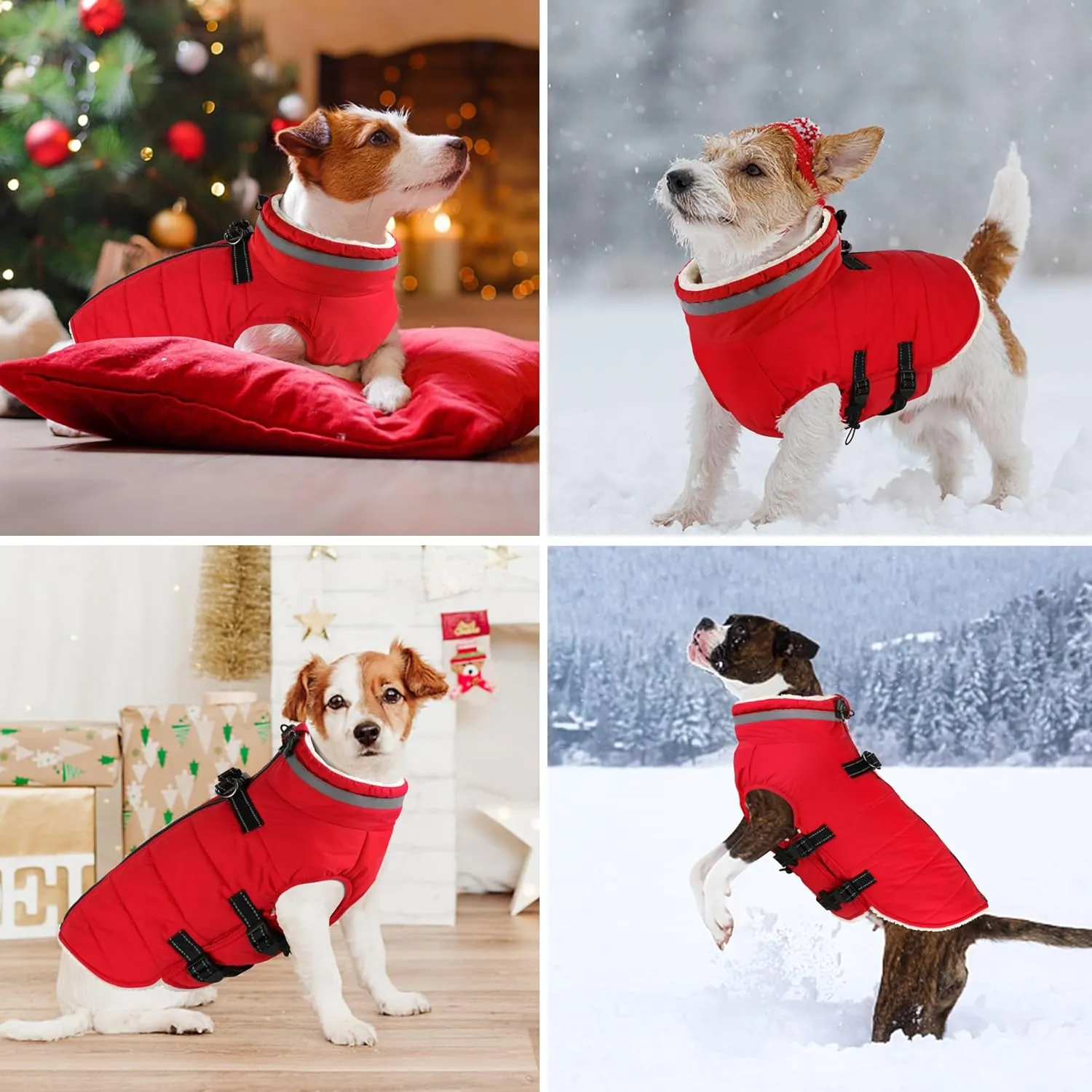 Dogcheer Dog Winter Coat with Harness - Waterproof Adjustable Jacket with Zipper, Christmas Snow Fleece Sweater for Small to Large Dogs - Red XS