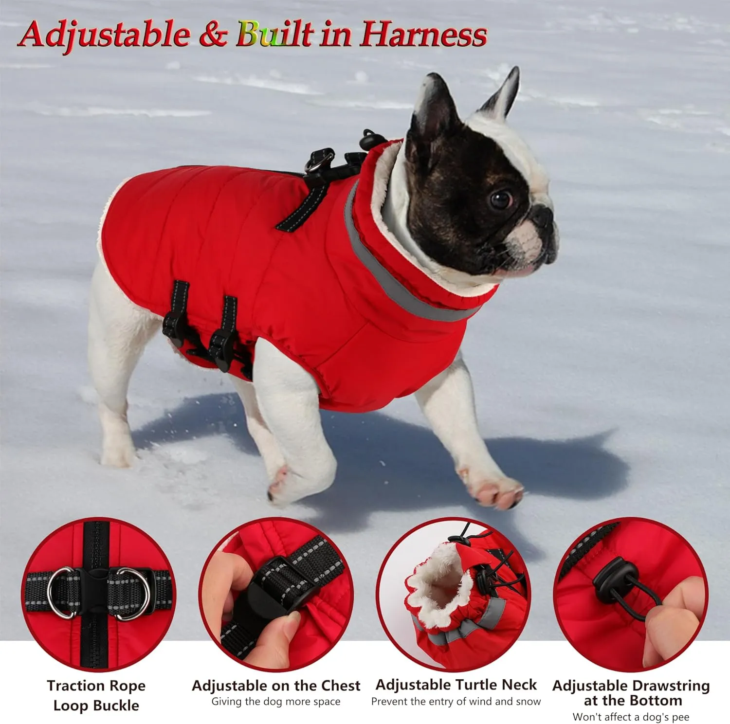 Dogcheer Dog Winter Coat with Harness - Waterproof Adjustable Jacket with Zipper, Christmas Snow Fleece Sweater for Small to Large Dogs - Red XS