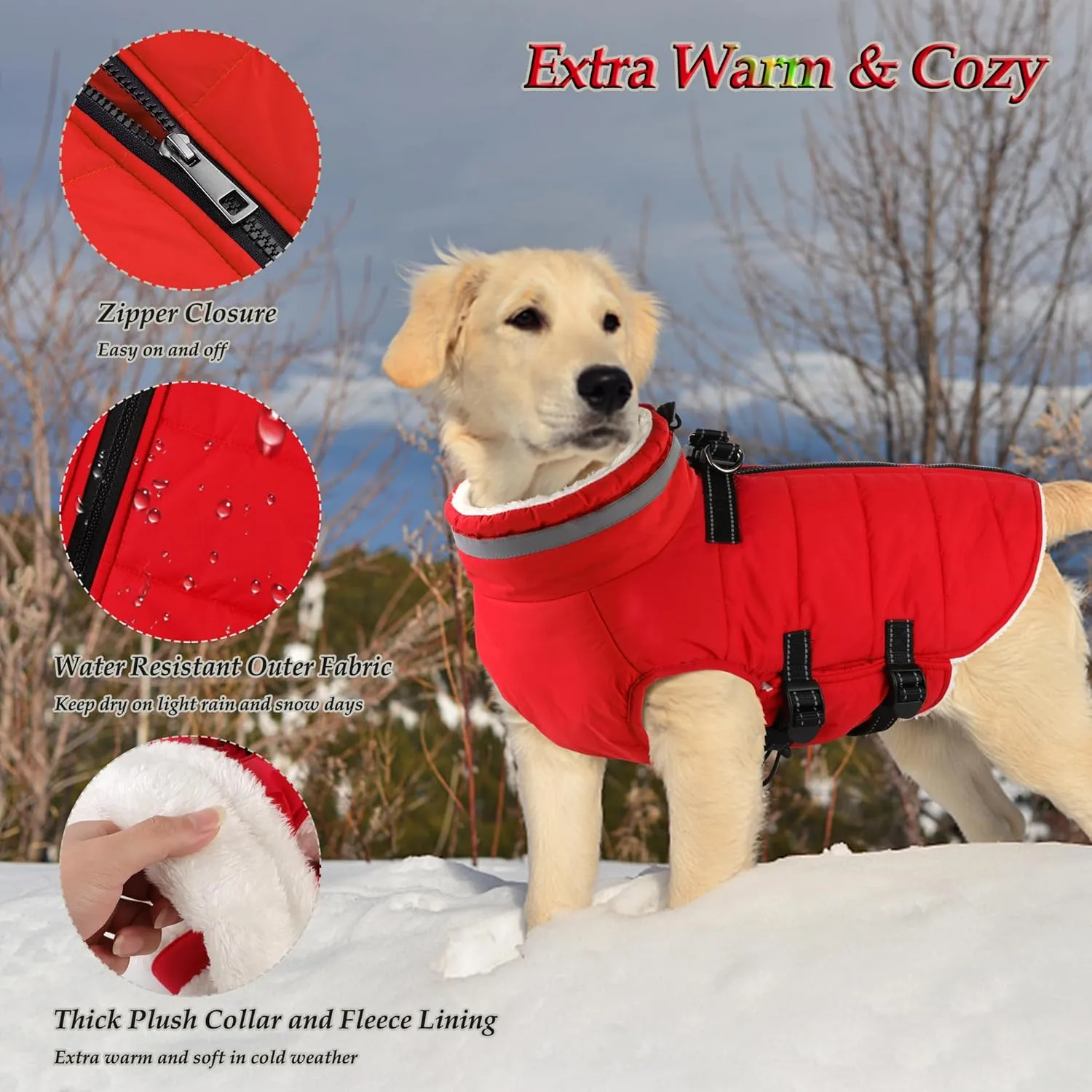 Dogcheer Dog Winter Coat with Harness - Waterproof Adjustable Jacket with Zipper, Christmas Snow Fleece Sweater for Small to Large Dogs - Red XS