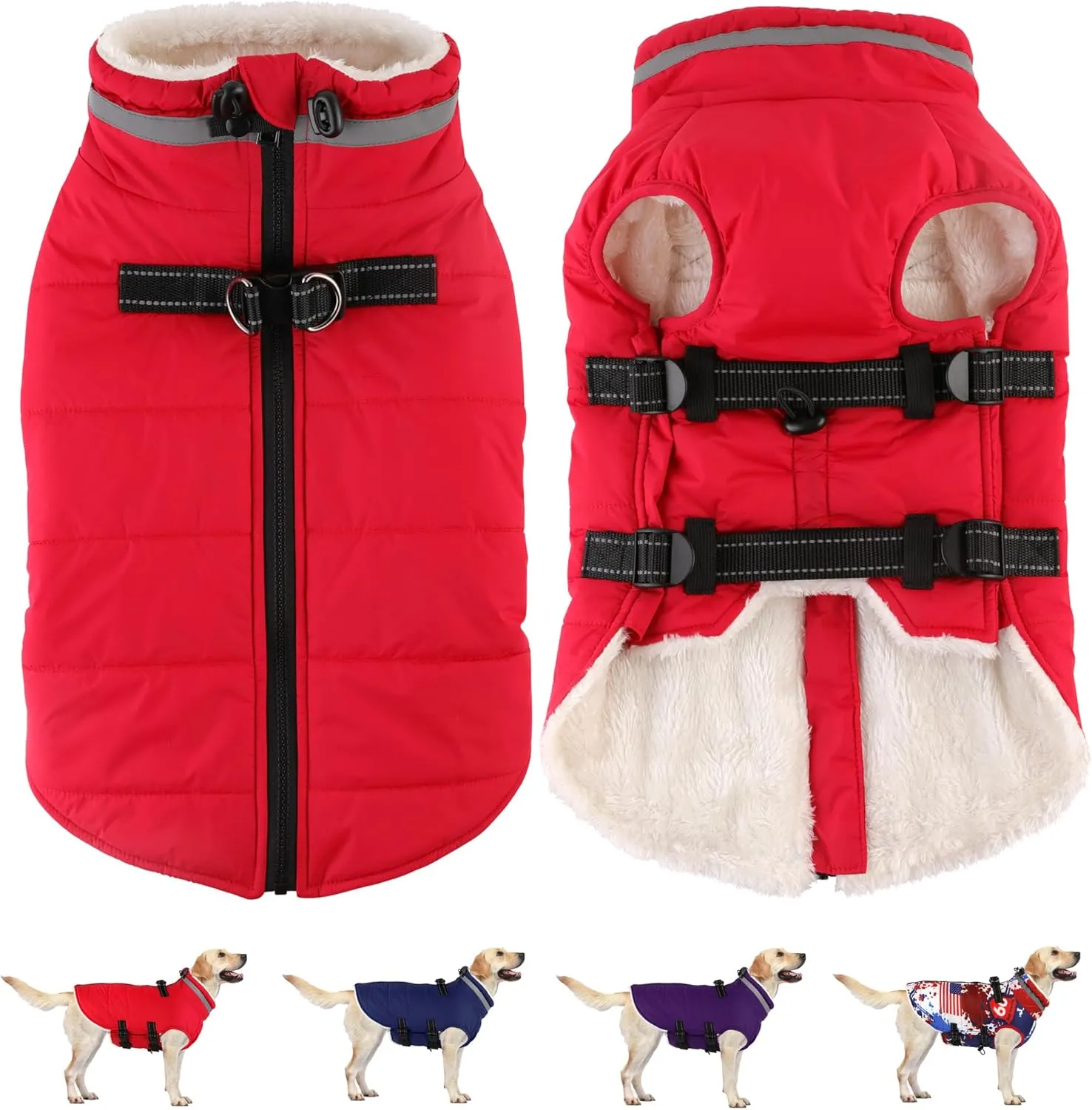 Dogcheer Dog Winter Coat with Harness - Waterproof Adjustable Jacket with Zipper, Christmas Snow Fleece Sweater for Small to Large Dogs - Red XS