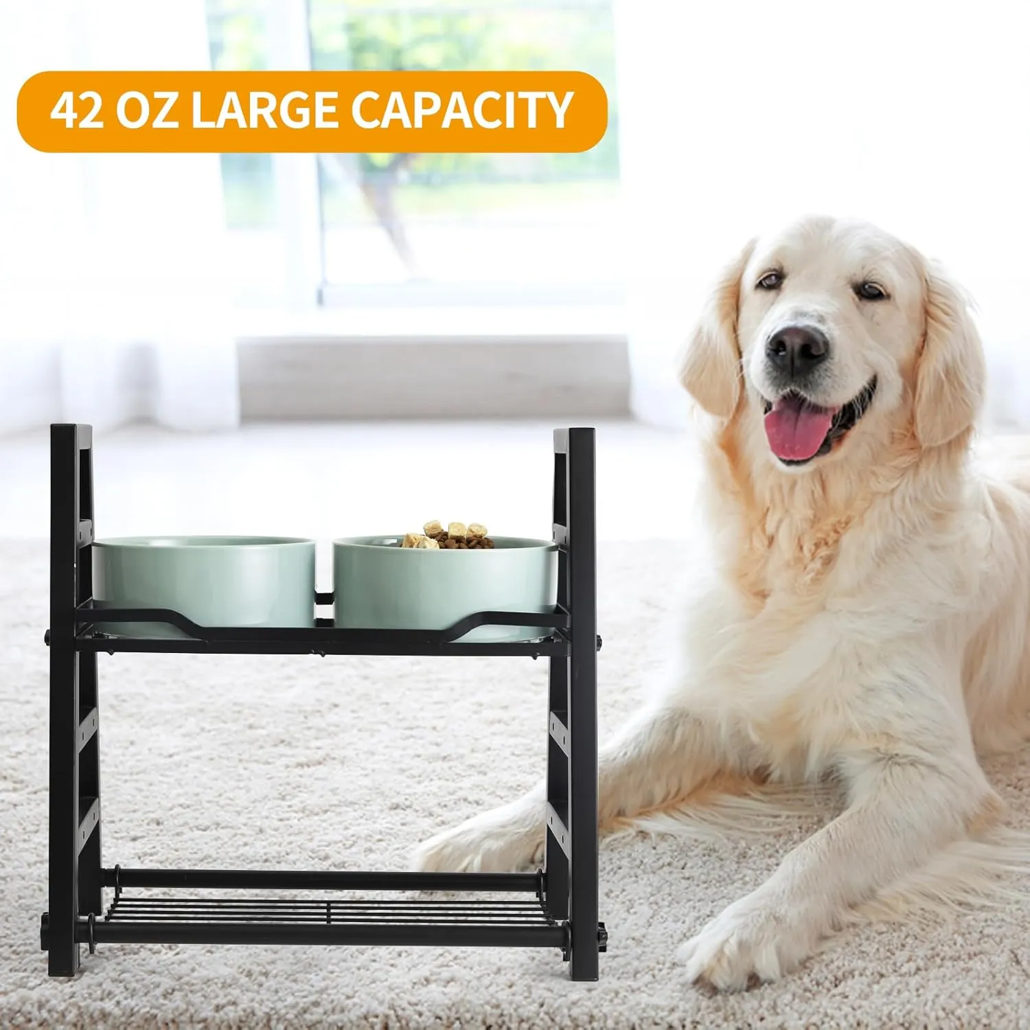 Elevated Dog Bowls Adjusts to 4 Heights 4'', 7", 10", 13", Ceramic Dog Feeder with Adjustable Metal Non-Slip Stand, 42 OZ Large Raised Pet Feeders Holder for Food & Water, Light Green