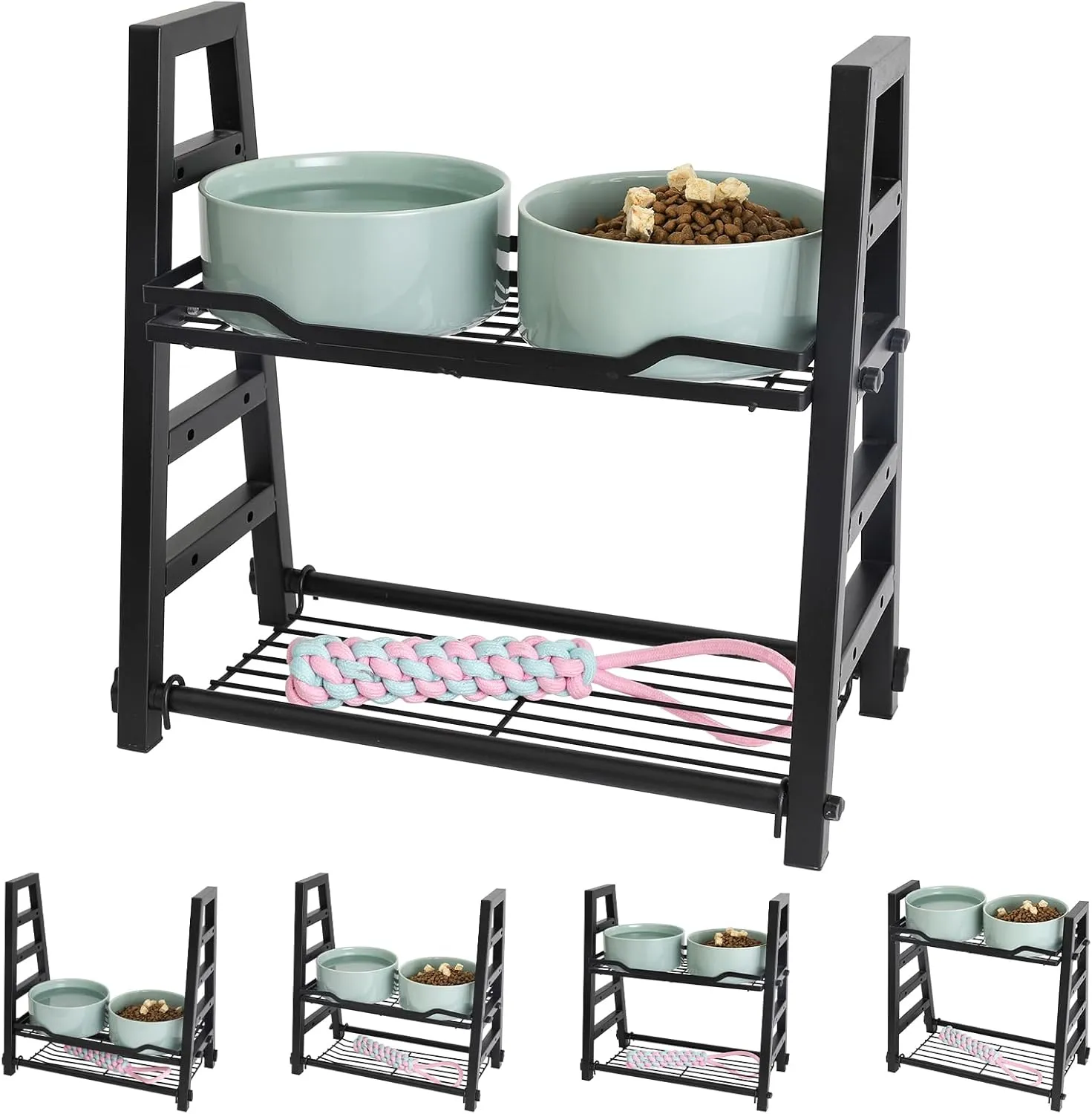 Elevated Dog Bowls Adjusts to 4 Heights 4'', 7", 10", 13", Ceramic Dog Feeder with Adjustable Metal Non-Slip Stand, 42 OZ Large Raised Pet Feeders Holder for Food & Water, Light Green
