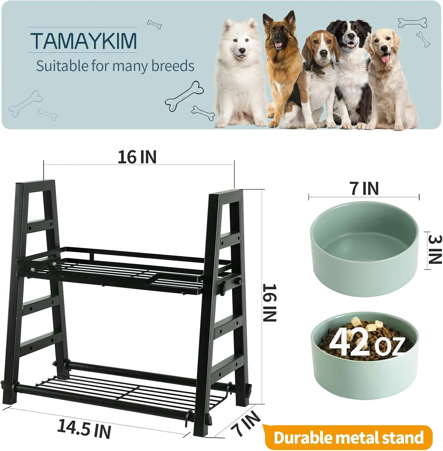 Elevated Dog Bowls Adjusts to 4 Heights 4'', 7", 10", 13", Ceramic Dog Feeder with Adjustable Metal Non-Slip Stand, 42 OZ Large Raised Pet Feeders Holder for Food & Water, Light Green
