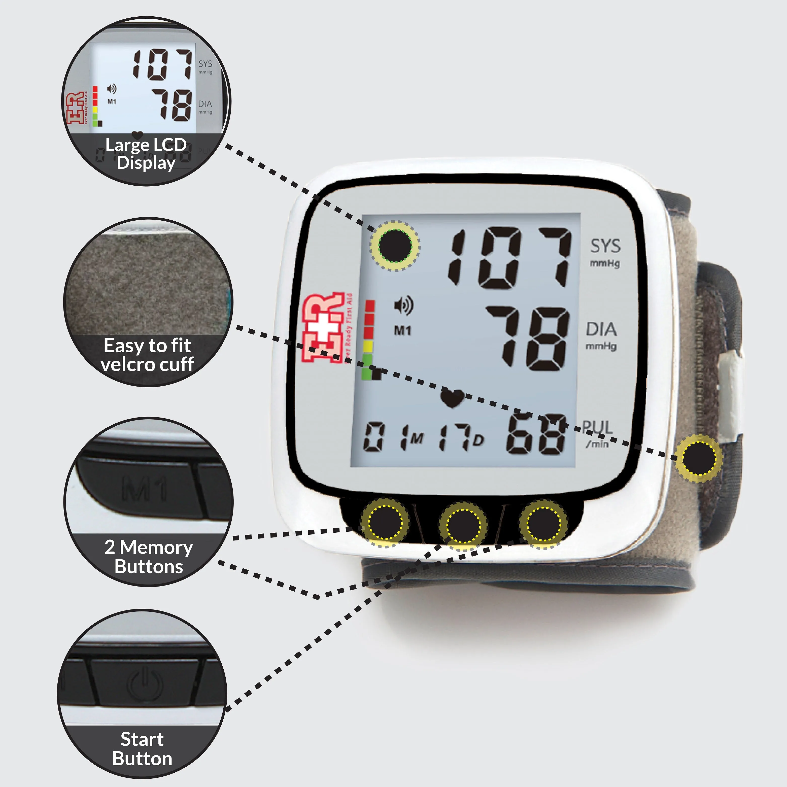 Ever Ready First Aid Fully Automatic Blood Pressure Wrist Cuff Wearable Monitor - Batteries Included