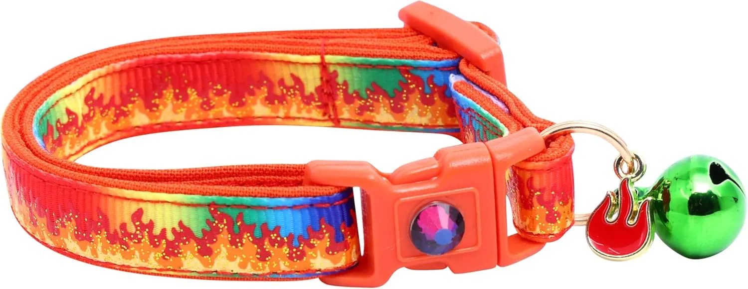 Flame Cat Collar with Charm & Bell | Safety Breakaway | Adjustable Large Size or Kitten (Rainbow, Small(10lbs & Less))