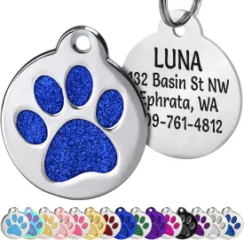 GoTags Personalized Paw Print Pet Tag Stainless Steel for Dogs and Cats, 4 Lines of Custom Engraved ID Name and Number, in Stainless Steel and 15 Colors Glitter (Small Pack of 1)