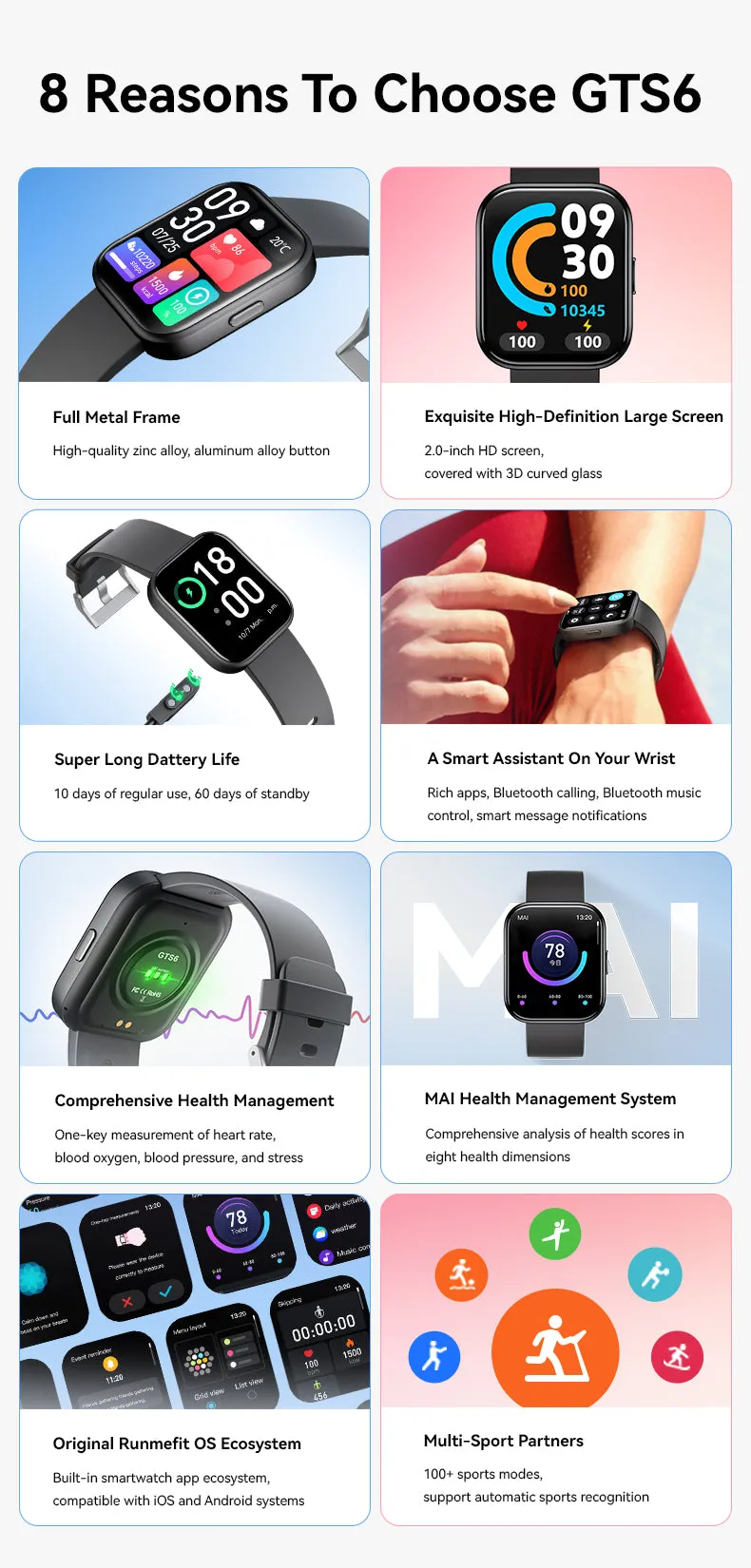 GTS-5 Bluetooth Watch for Android & IOS (5 Colors) – Watch to Make Calls & Send Texts – Fitness Tracker: 100 Sport Modes / Step Counter