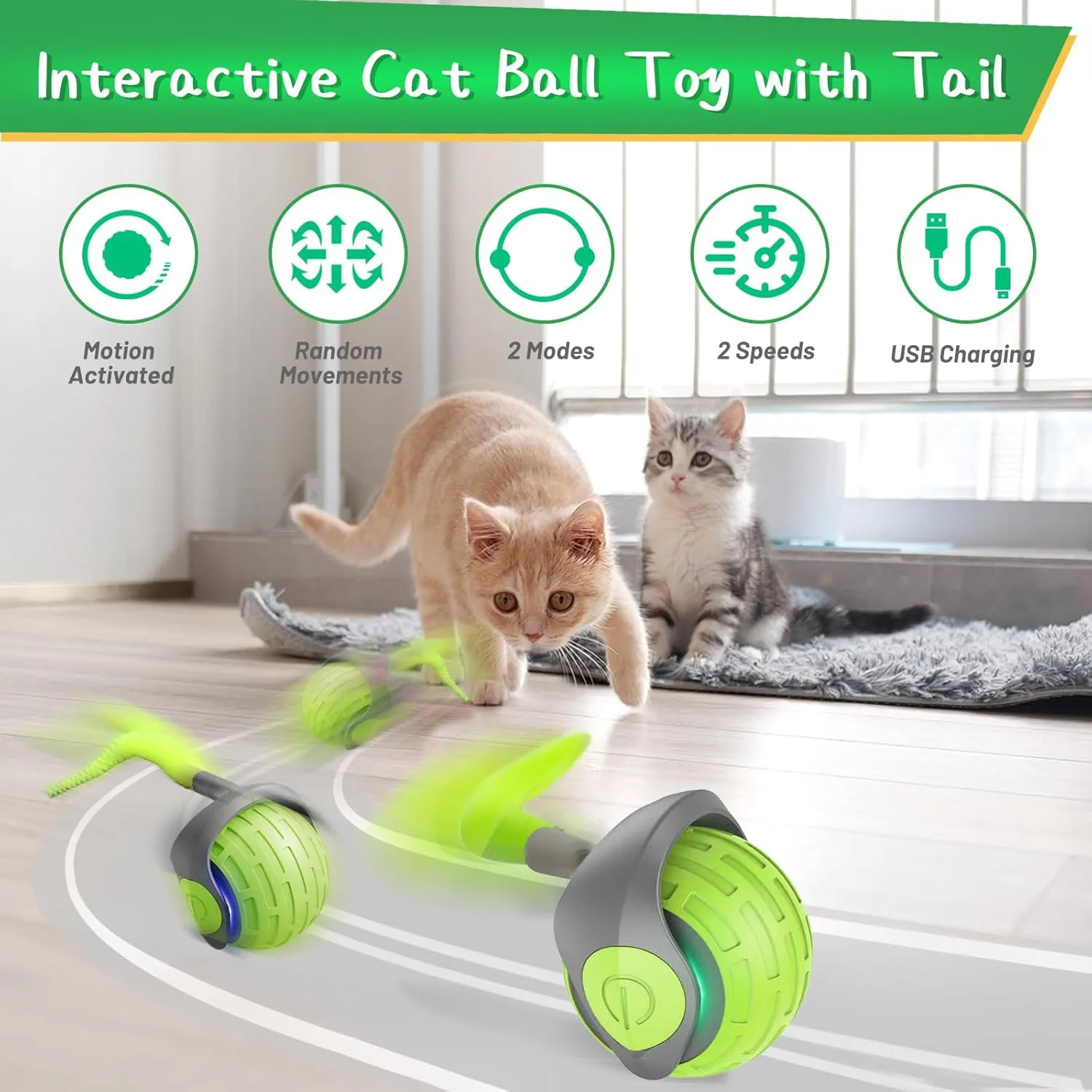 Interactive Cat Toy Balls, 2025 New Automatic Moving Cat Ball with Tail, Motion Activated Smart Self Rolling Cat Ball Toy, Cat Stimulation Toys for Bored Indoor Cats (Green)