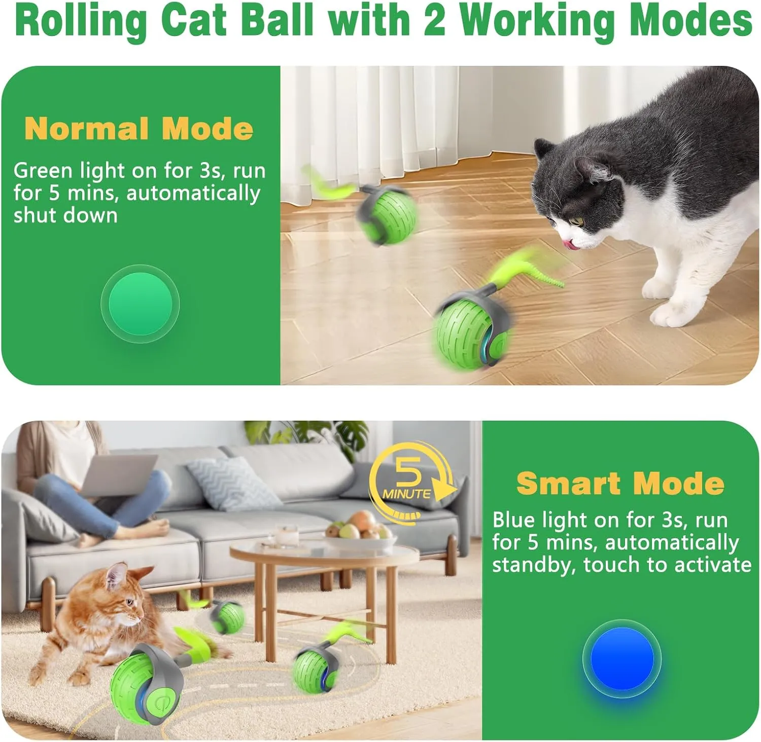Interactive Cat Toy Balls, 2025 New Automatic Moving Cat Ball with Tail, Motion Activated Smart Self Rolling Cat Ball Toy, Cat Stimulation Toys for Bored Indoor Cats (Green)
