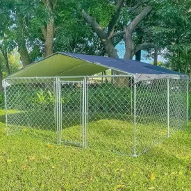 Large Outdoor Dog Kennel with Roof, Large Dog House Pen Enclosure, Anti-Rust Dog Cage with Waterproof UV-Resistant Cover and Updated Secure Lock 9.8'L x 9.8'W x 6.5'H
