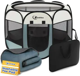Medium Dog Playpen with Washable Pee Pad, Puppy Pet Cat Playpen Tent Crate Indoor/Outdoor, Portable Pop Up Kennel with Carrying Case, Removable Top (Grey with Pad, Medium (36" x 36" x 23"))