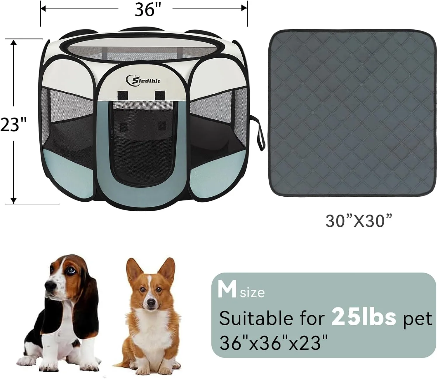 Medium Dog Playpen with Washable Pee Pad, Puppy Pet Cat Playpen Tent Crate Indoor/Outdoor, Portable Pop Up Kennel with Carrying Case, Removable Top (Grey with Pad, Medium (36" x 36" x 23"))
