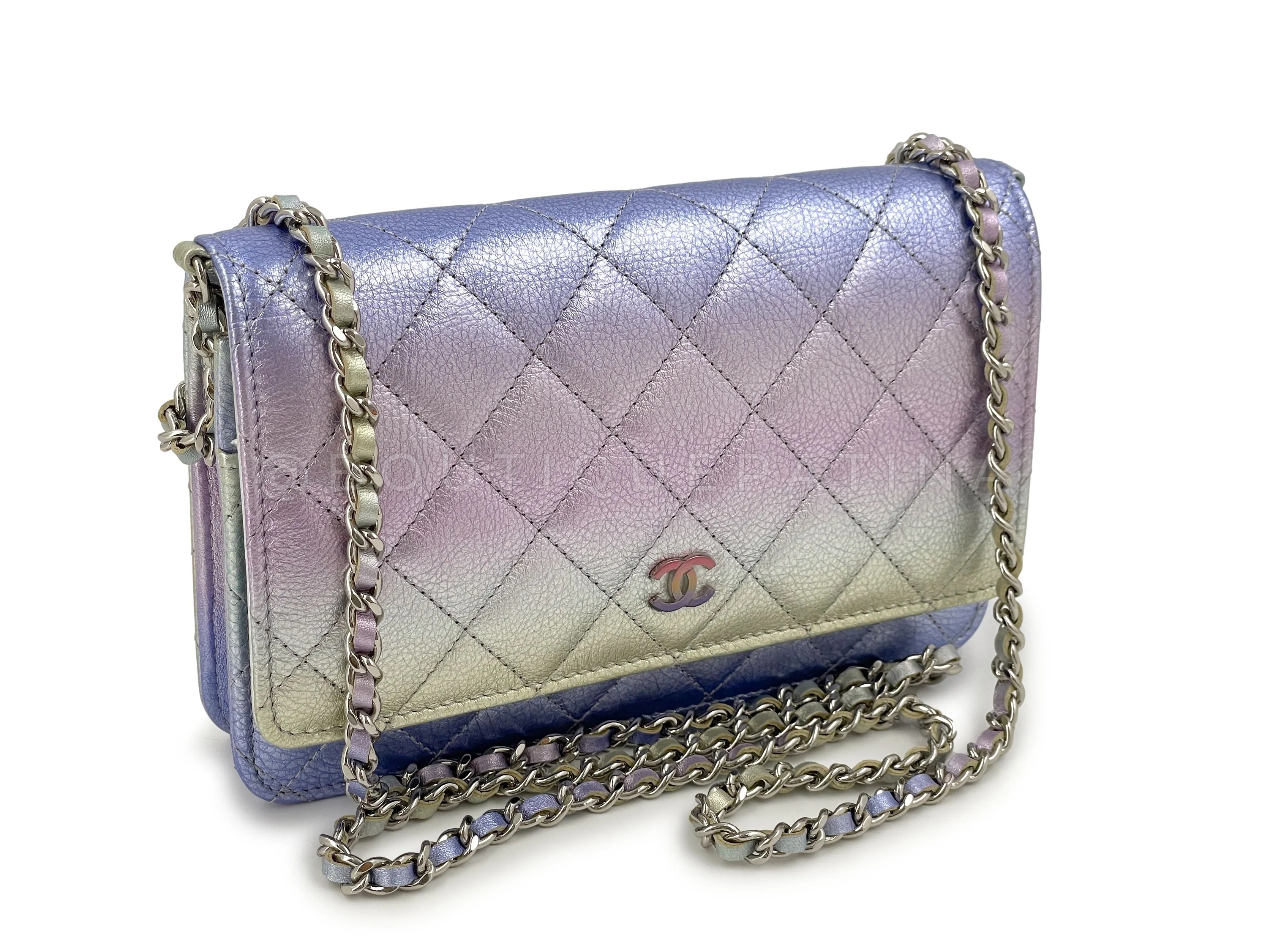 NIB 21K Chanel Iridescent Pink Purple Ombre Wallet on Chain WOC Flap Bag