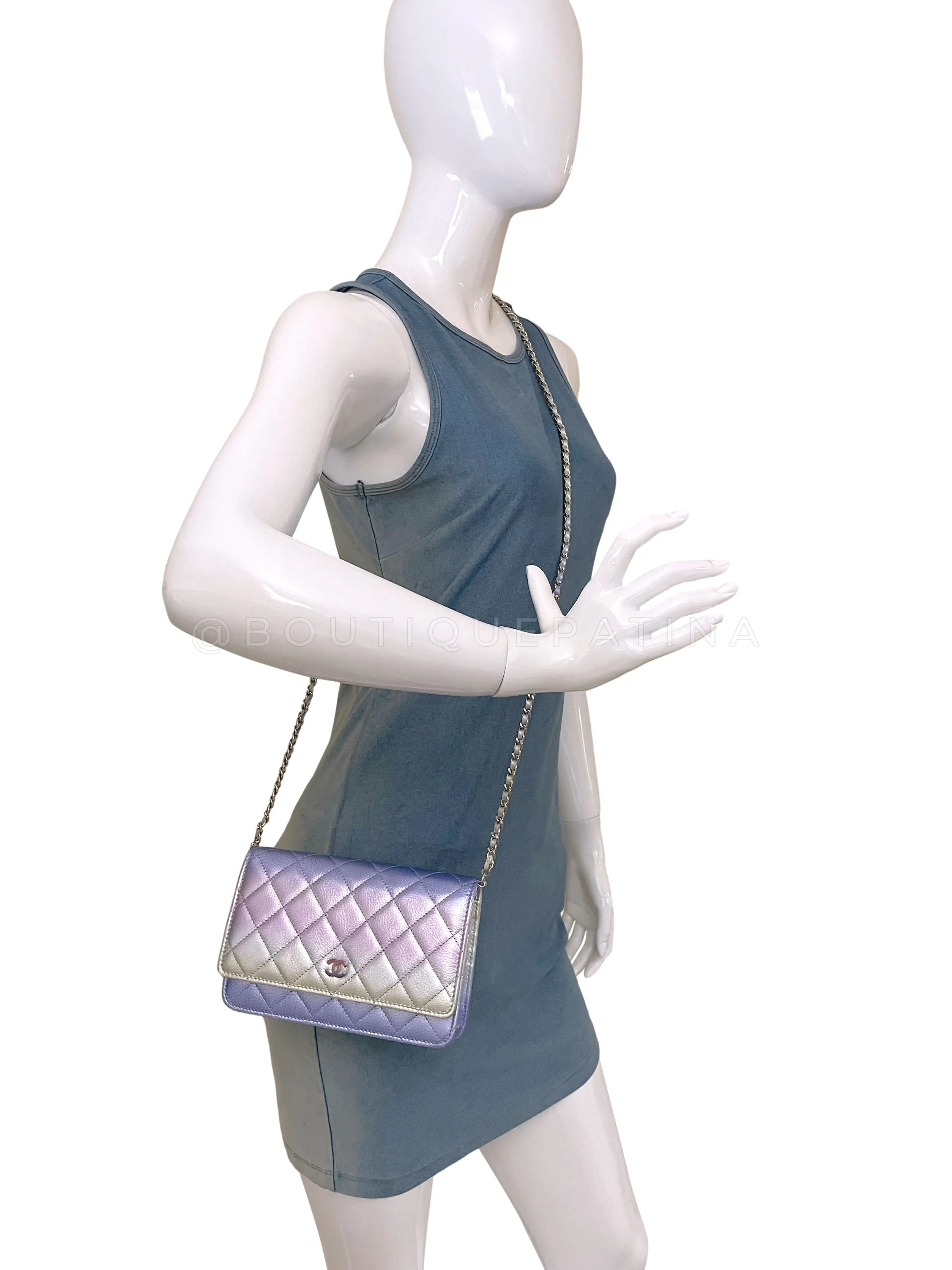 NIB 21K Chanel Iridescent Pink Purple Ombre Wallet on Chain WOC Flap Bag